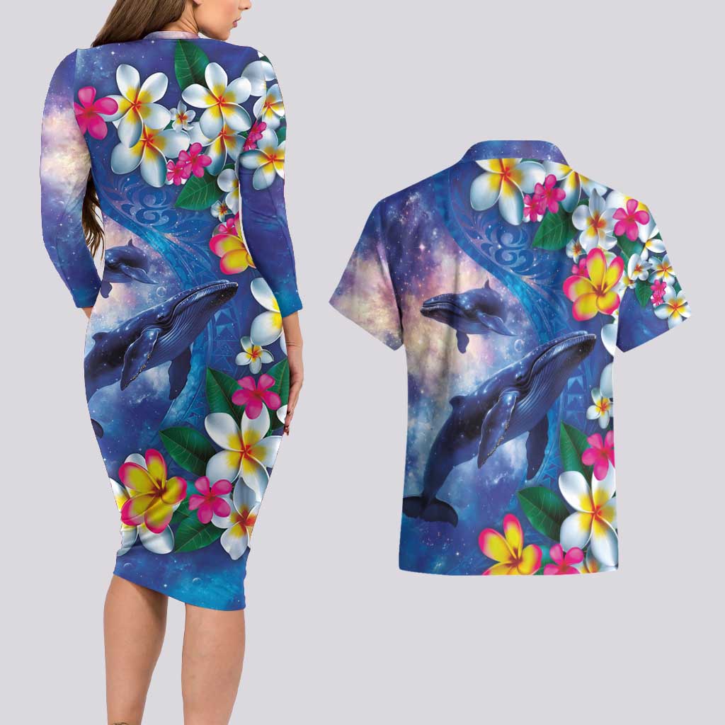 Hawaiian Lei Day Plumeria Humpback Whales Couples Matching Long Sleeve Bodycon Dress and Hawaiian Shirt Polynesian Art Vibrant Starry Nebula Style