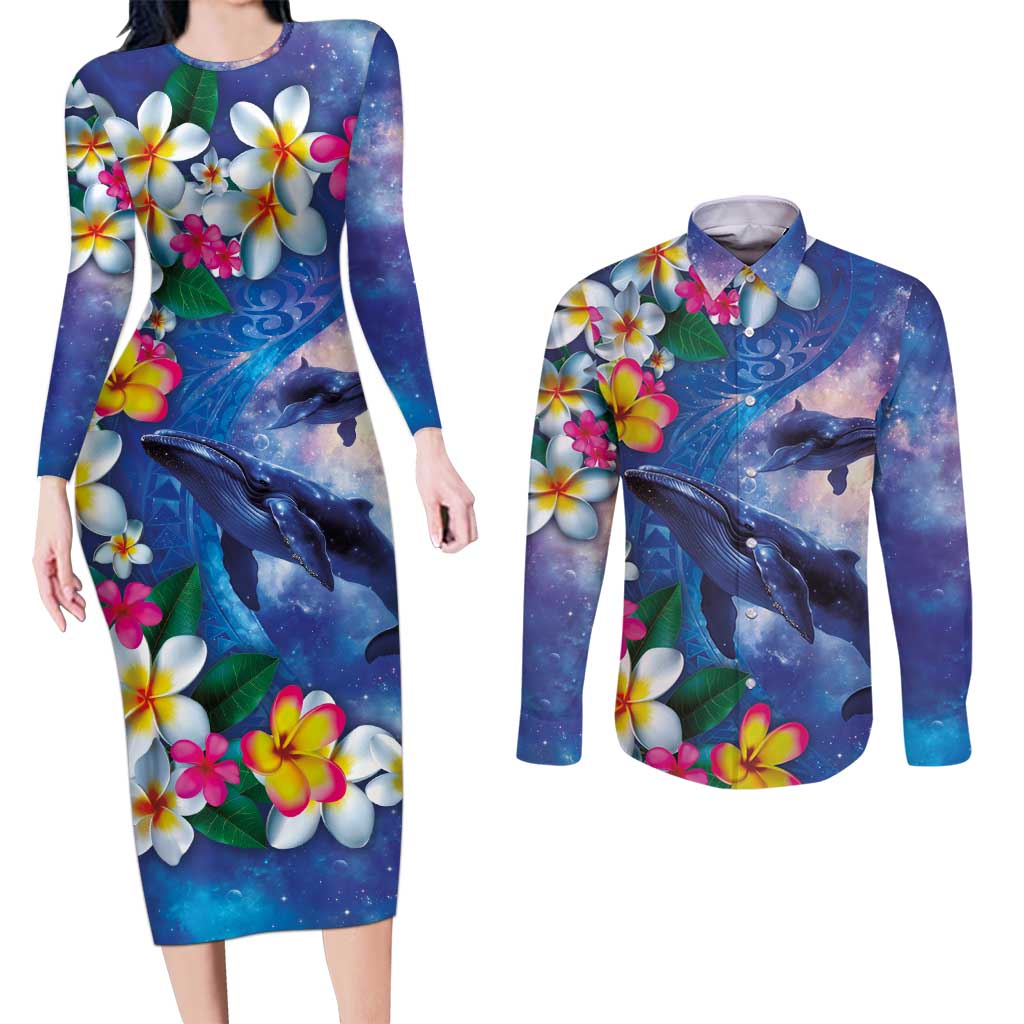 Hawaiian Lei Day Plumeria Humpback Whales Couples Matching Long Sleeve Bodycon Dress and Long Sleeve Button Shirt Polynesian Art Vibrant Starry Nebula Style