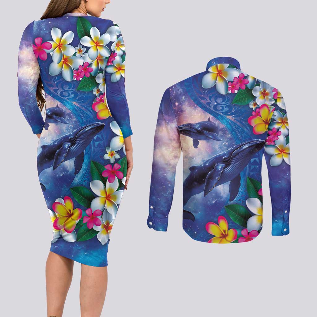 Hawaiian Lei Day Plumeria Humpback Whales Couples Matching Long Sleeve Bodycon Dress and Long Sleeve Button Shirt Polynesian Art Vibrant Starry Nebula Style