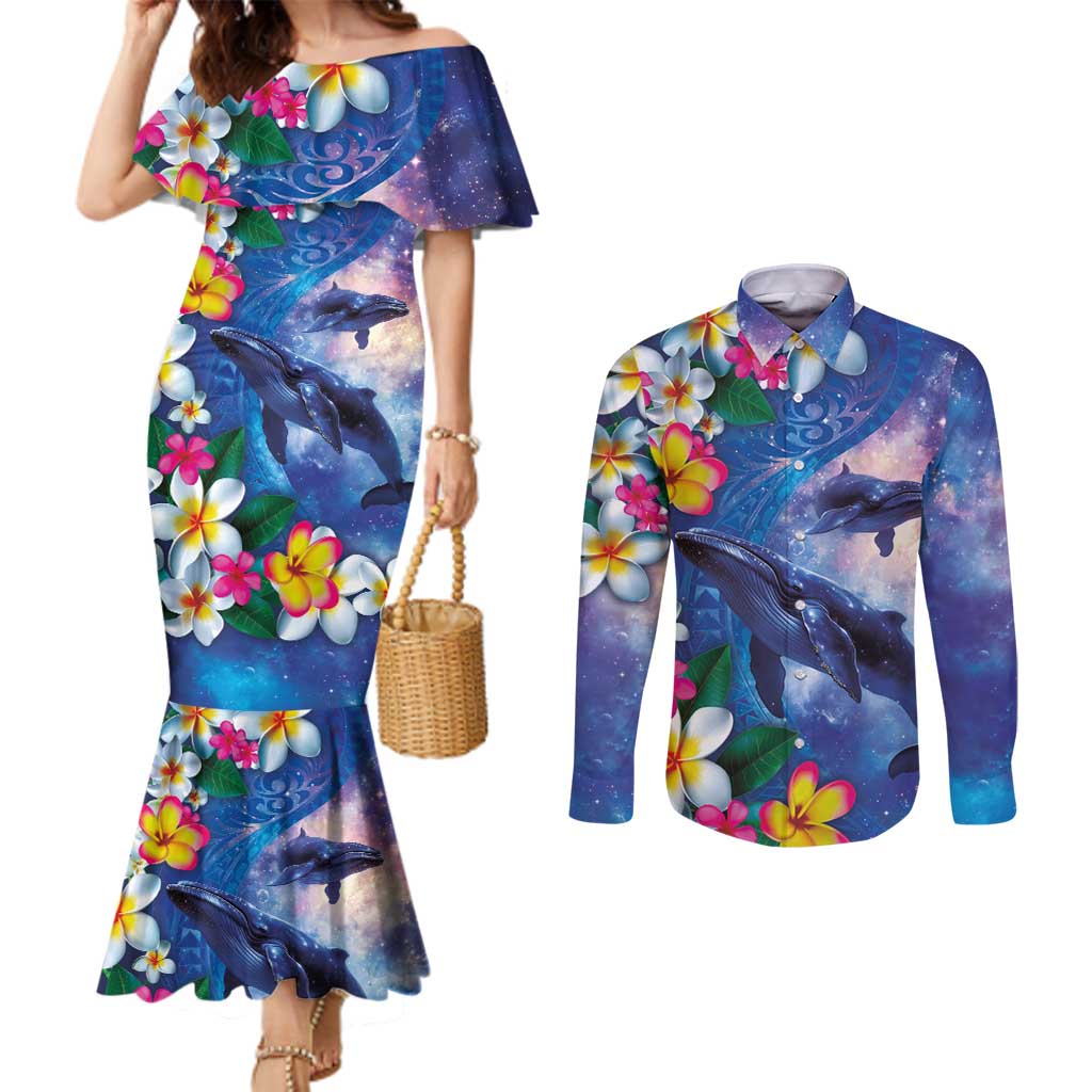 Hawaiian Lei Day Plumeria Humpback Whales Couples Matching Mermaid Dress and Long Sleeve Button Shirt Polynesian Art Vibrant Starry Nebula Style