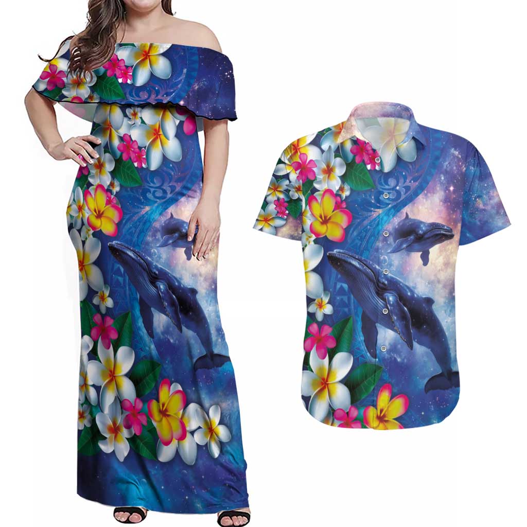 Hawaiian Lei Day Plumeria Humpback Whales Couples Matching Off Shoulder Maxi Dress and Hawaiian Shirt Polynesian Art Vibrant Starry Nebula Style