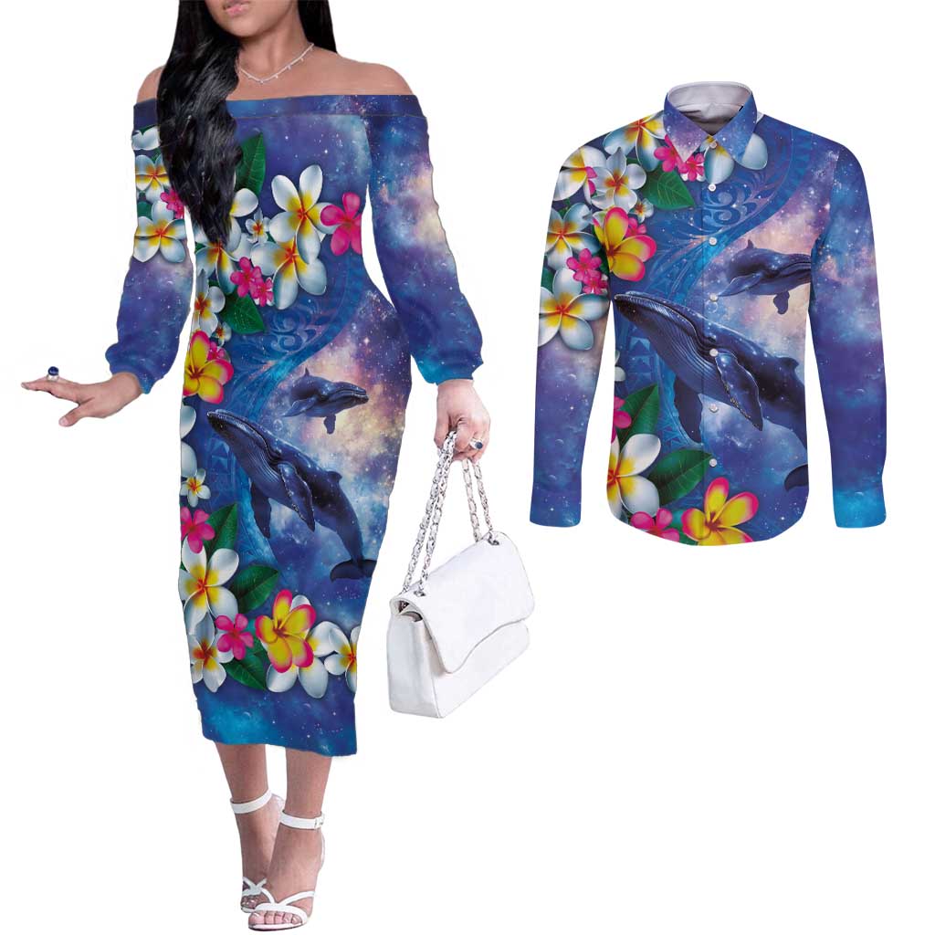 Hawaiian Lei Day Plumeria Humpback Whales Couples Matching Off The Shoulder Long Sleeve Dress and Long Sleeve Button Shirt Polynesian Art Vibrant Starry Nebula Style