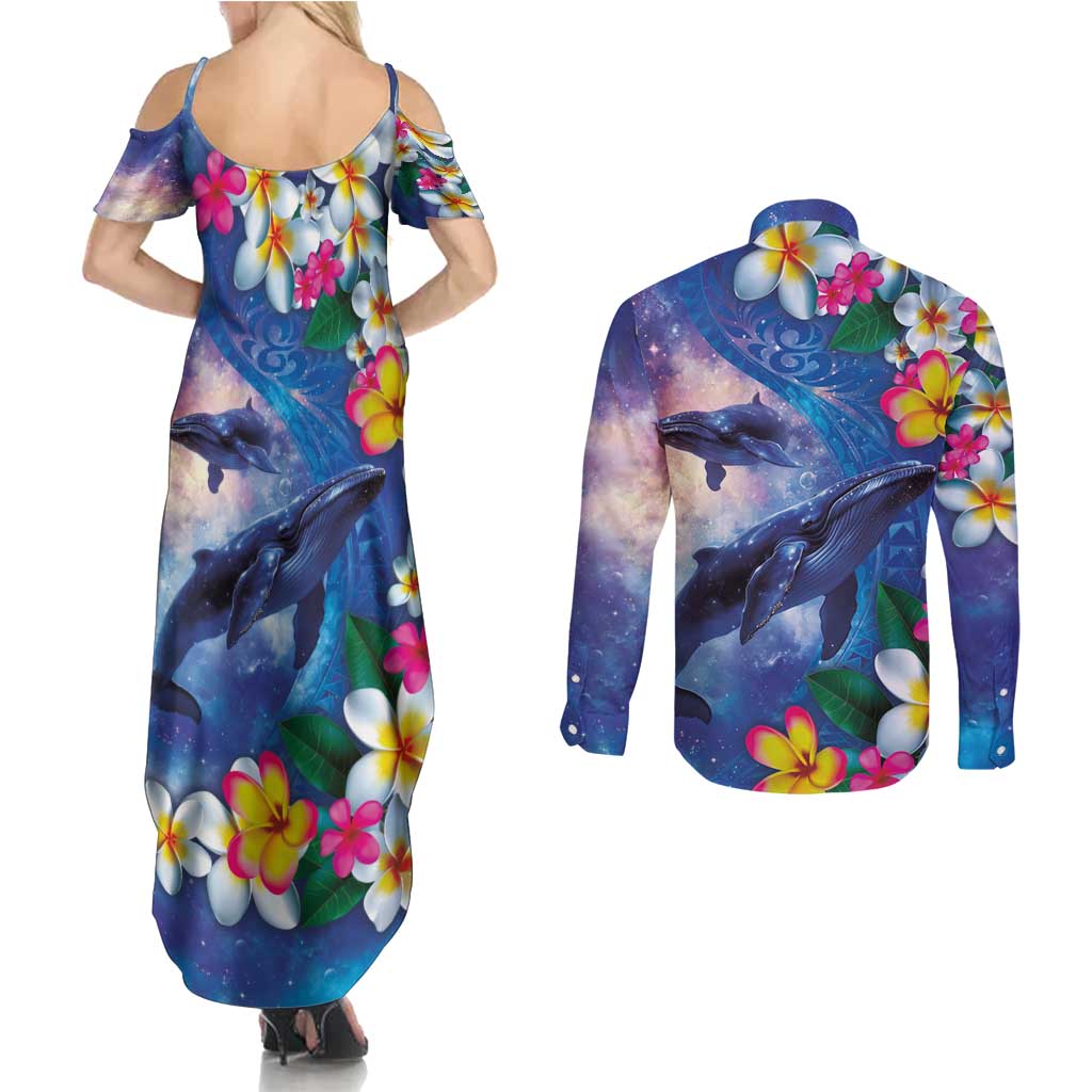 Hawaiian Lei Day Plumeria Humpback Whales Couples Matching Summer Maxi Dress and Long Sleeve Button Shirt Polynesian Art Vibrant Starry Nebula Style