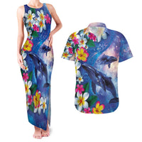 Hawaiian Lei Day Plumeria Humpback Whales Couples Matching Tank Maxi Dress and Hawaiian Shirt Polynesian Art Vibrant Starry Nebula Style