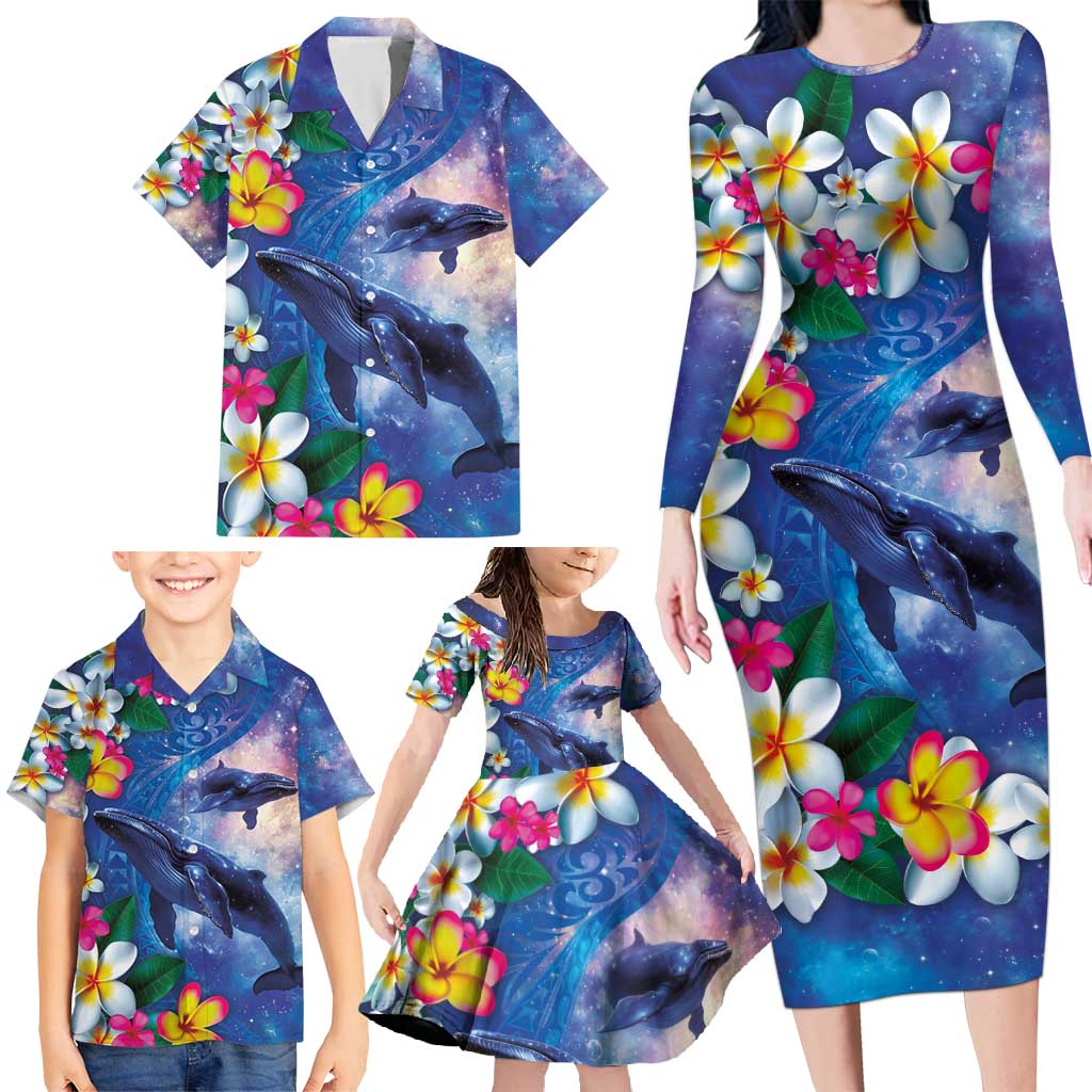 Hawaiian Lei Day Plumeria Humpback Whales Family Matching Long Sleeve Bodycon Dress and Hawaiian Shirt Polynesian Art Vibrant Starry Nebula Style