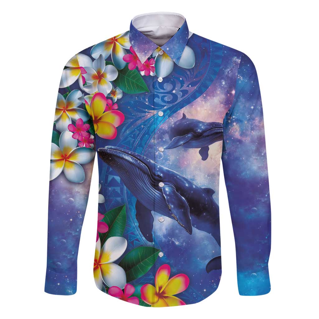 Hawaiian Lei Day Plumeria Humpback Whales Family Matching Long Sleeve Bodycon Dress and Hawaiian Shirt Polynesian Art Vibrant Starry Nebula Style