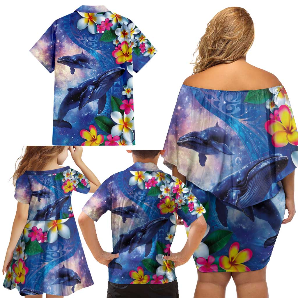 Hawaiian Lei Day Plumeria Humpback Whales Family Matching Off Shoulder Short Dress and Hawaiian Shirt Polynesian Art Vibrant Starry Nebula Style