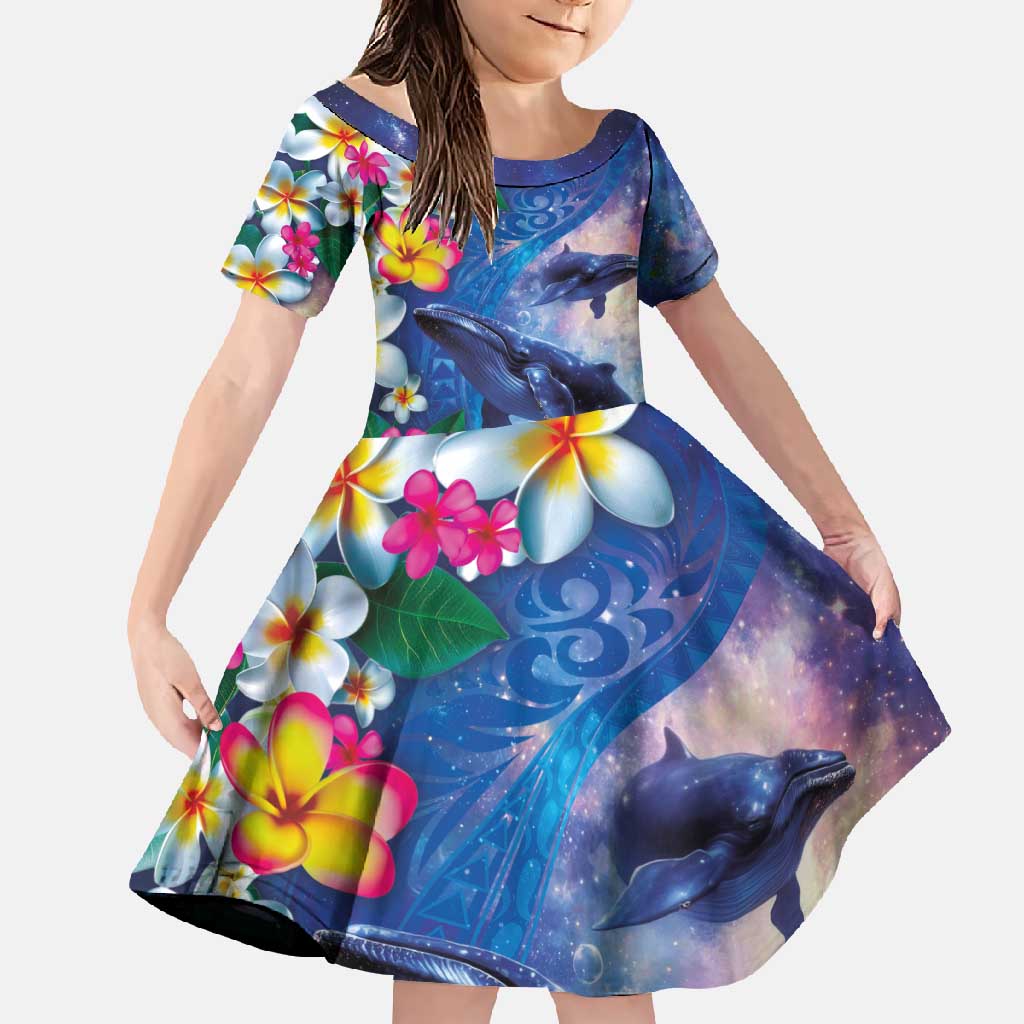 Hawaiian Lei Day Plumeria Humpback Whales Family Matching Short Sleeve Bodycon Dress and Hawaiian Shirt Polynesian Art Vibrant Starry Nebula Style
