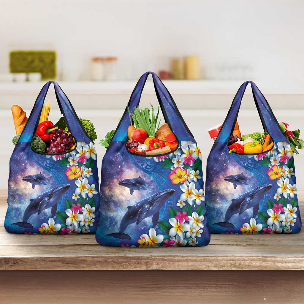 Hawaiian Lei Day Plumeria Humpback Whales Grocery Bag Polynesian Art Vibrant Starry Nebula Style