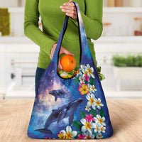 Hawaiian Lei Day Plumeria Humpback Whales Grocery Bag Polynesian Art Vibrant Starry Nebula Style