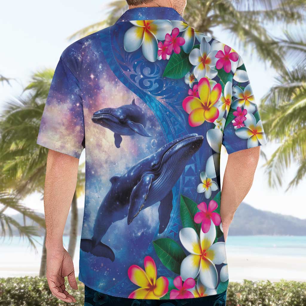 Hawaiian Lei Day Plumeria Humpback Whales Hawaiian Shirt Polynesian Art Vibrant Starry Nebula Style