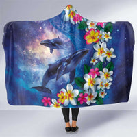 Hawaiian Lei Day Plumeria Humpback Whales Hooded Blanket Polynesian Art Vibrant Starry Nebula Style