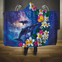 Hawaiian Lei Day Plumeria Humpback Whales Hooded Blanket Polynesian Art Vibrant Starry Nebula Style