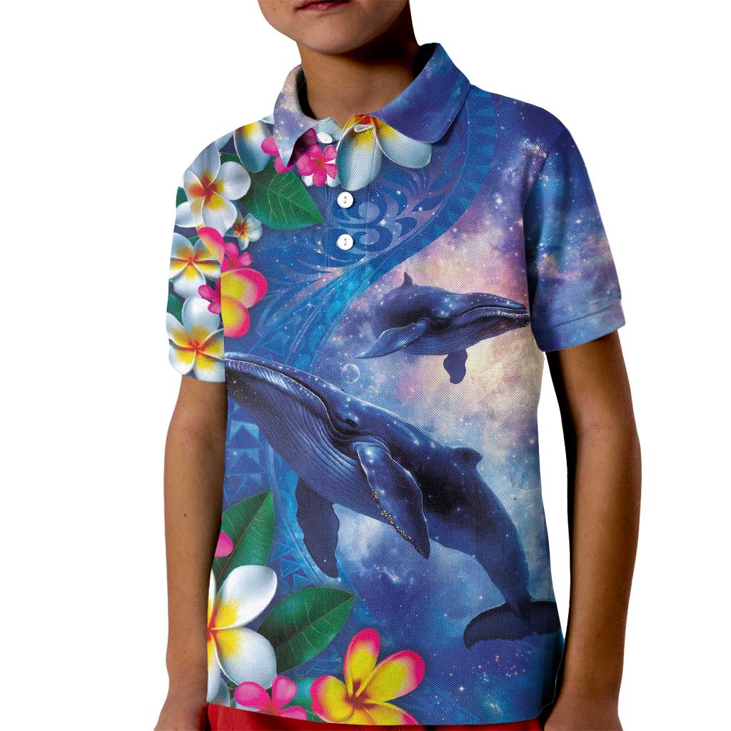 Hawaiian Lei Day Plumeria Humpback Whales Kid Polo Shirt Polynesian Art Vibrant Starry Nebula Style