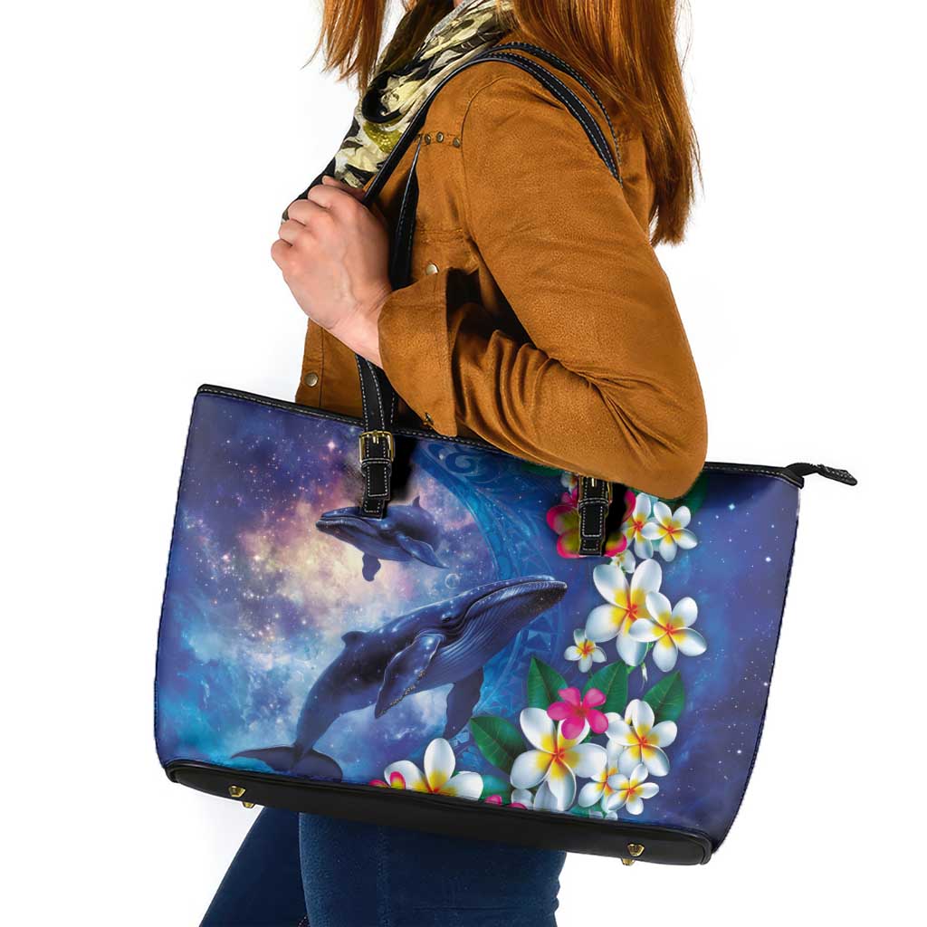 Hawaiian Lei Day Plumeria Humpback Whales Leather Tote Bag Polynesian Art Vibrant Starry Nebula Style