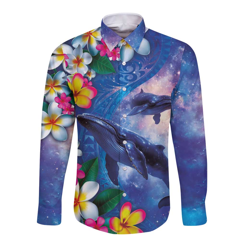 Hawaiian Lei Day Plumeria Humpback Whales Long Sleeve Button Shirt Polynesian Art Vibrant Starry Nebula Style