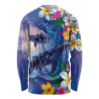 Hawaiian Lei Day Plumeria Humpback Whales Long Sleeve Shirt Polynesian Art Vibrant Starry Nebula Style