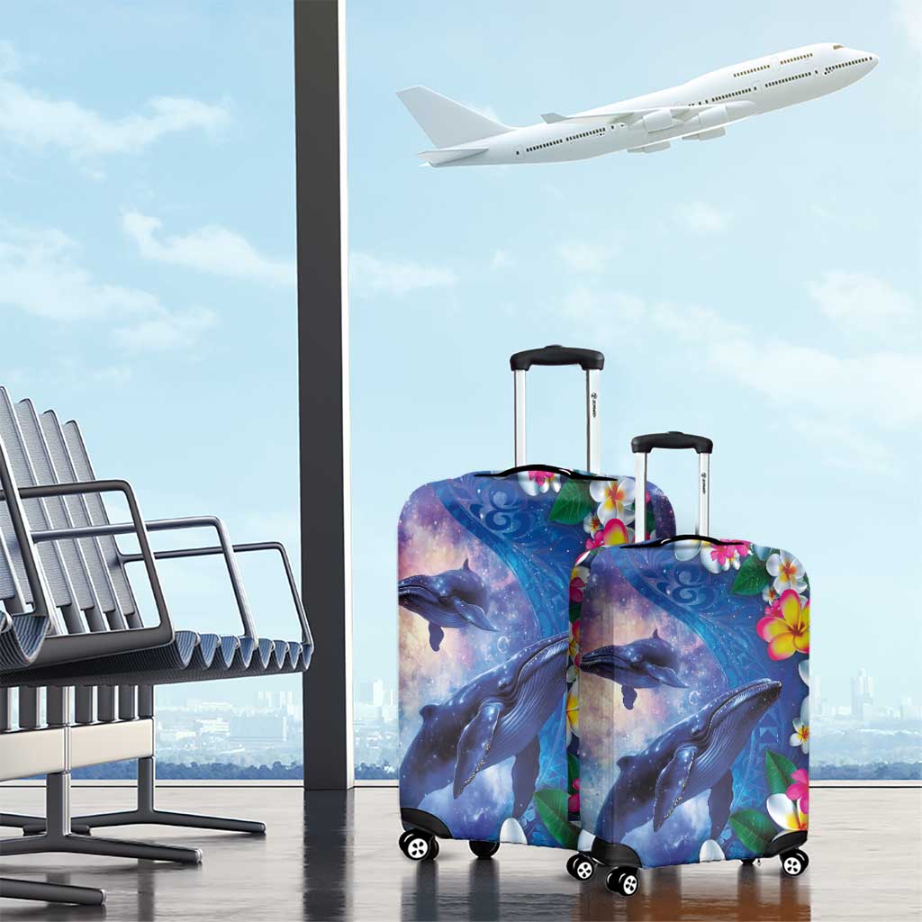 Hawaiian Lei Day Plumeria Humpback Whales Luggage Cover Polynesian Art Vibrant Starry Nebula Style