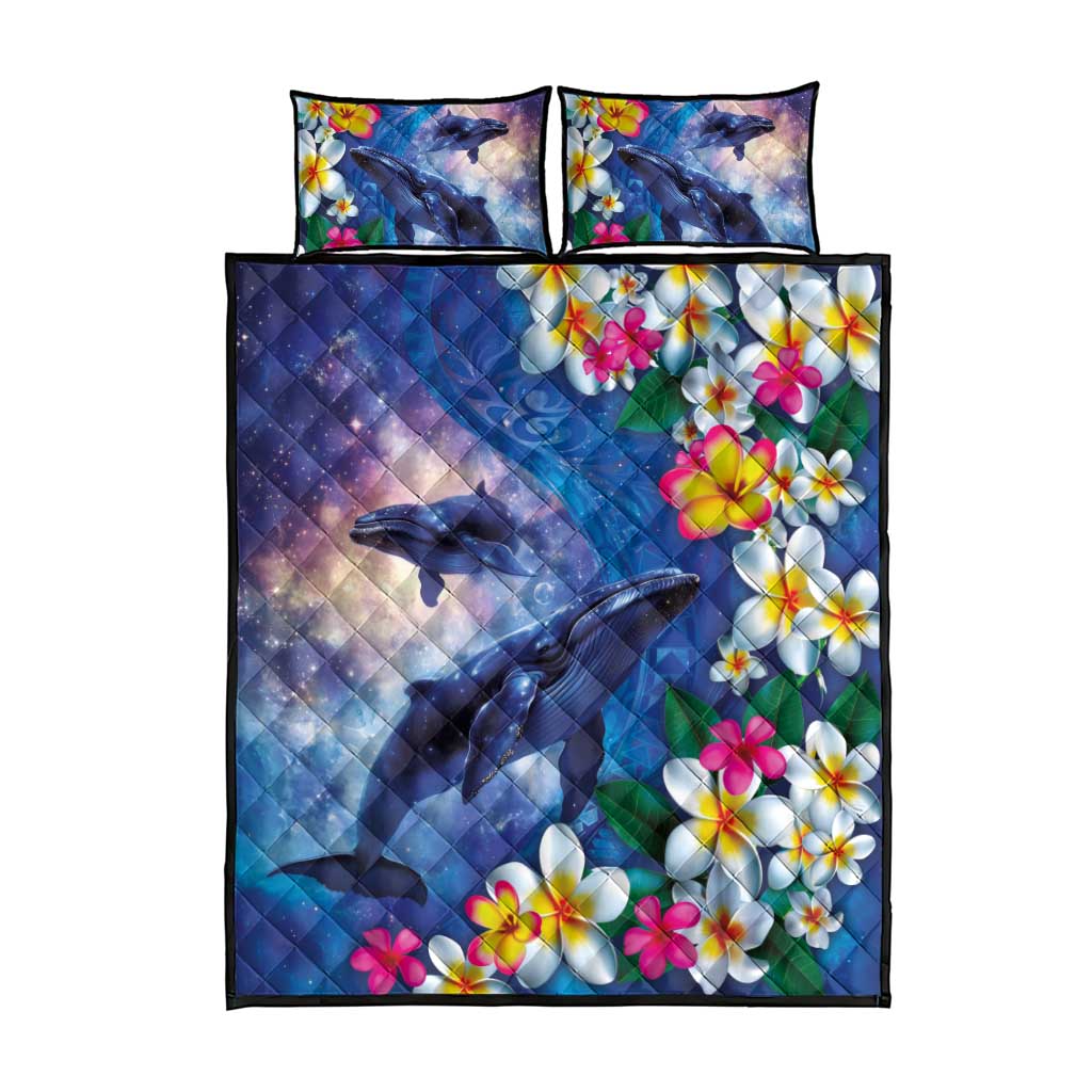 Hawaiian Lei Day Plumeria Humpback Whales Quilt Bed Set Polynesian Art Vibrant Starry Nebula Style