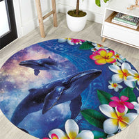 Hawaiian Lei Day Plumeria Humpback Whales Round Carpet Polynesian Art Vibrant Starry Nebula Style