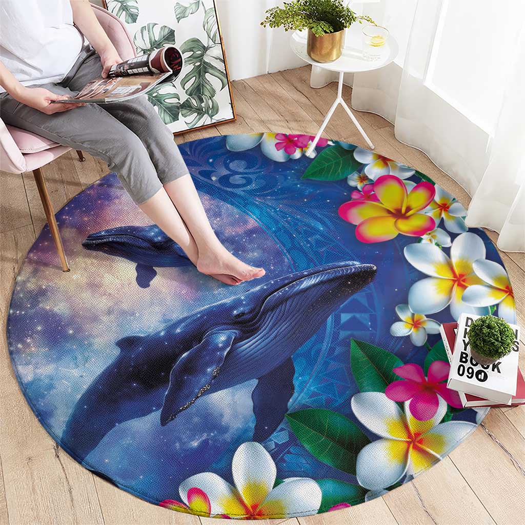 Hawaiian Lei Day Plumeria Humpback Whales Round Carpet Polynesian Art Vibrant Starry Nebula Style