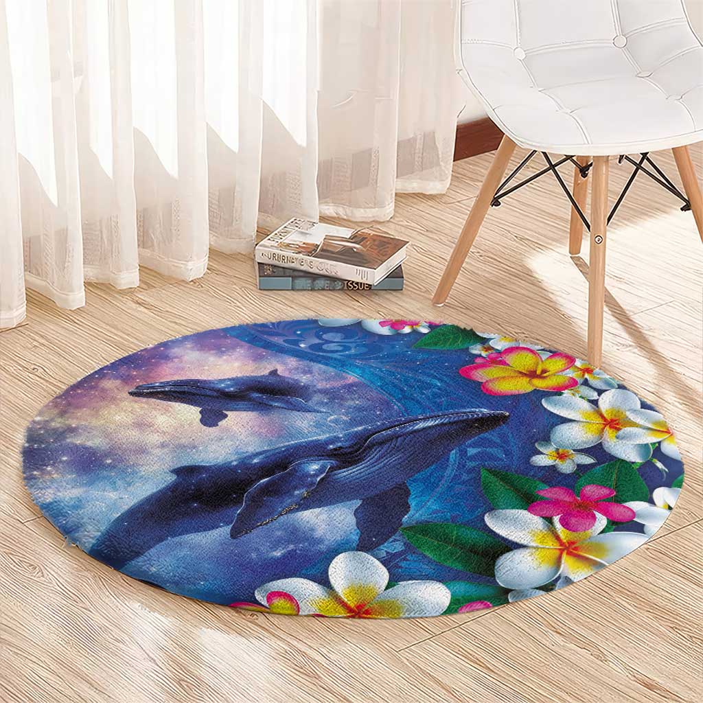 Hawaiian Lei Day Plumeria Humpback Whales Round Carpet Polynesian Art Vibrant Starry Nebula Style