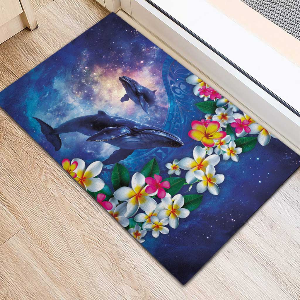 Hawaiian Lei Day Plumeria Humpback Whales Rubber Doormat Polynesian Art Vibrant Starry Nebula Style