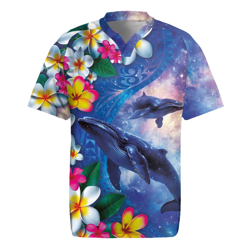 Hawaiian Lei Day Plumeria Humpback Whales Rugby Jersey Polynesian Art Vibrant Starry Nebula Style
