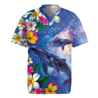 Hawaiian Lei Day Plumeria Humpback Whales Rugby Jersey Polynesian Art Vibrant Starry Nebula Style LT03 Art - Polynesian Pride