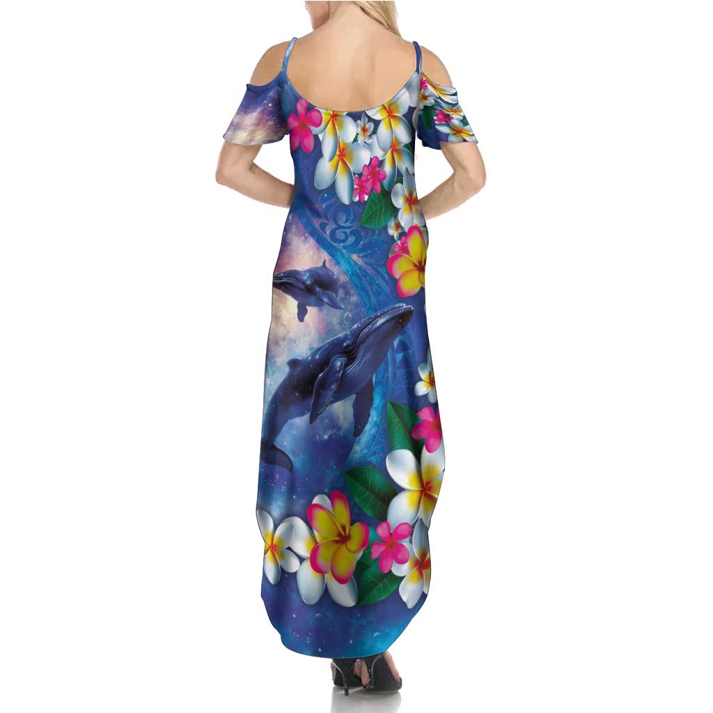 Hawaiian Lei Day Plumeria Humpback Whales Summer Maxi Dress Polynesian Art Vibrant Starry Nebula Style