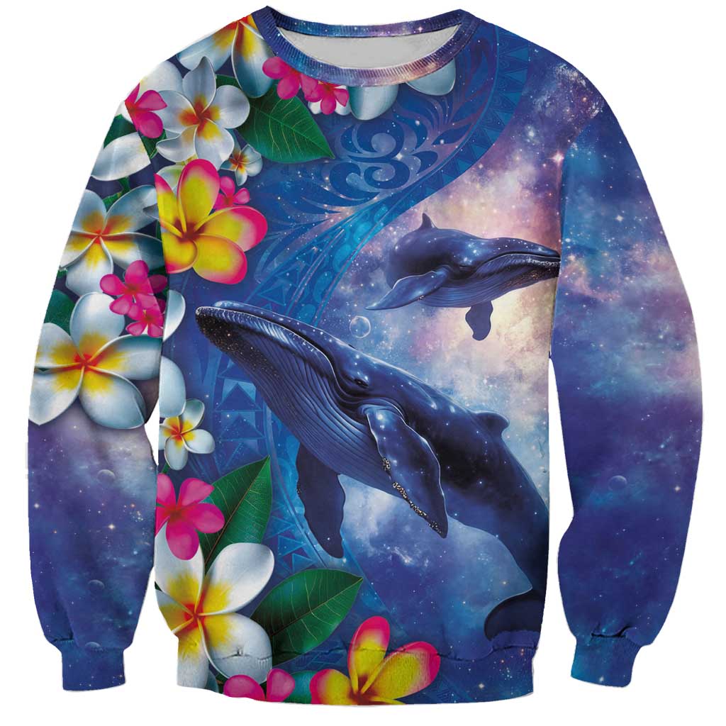 Hawaiian Lei Day Plumeria Humpback Whales Sweatshirt Polynesian Art Vibrant Starry Nebula Style