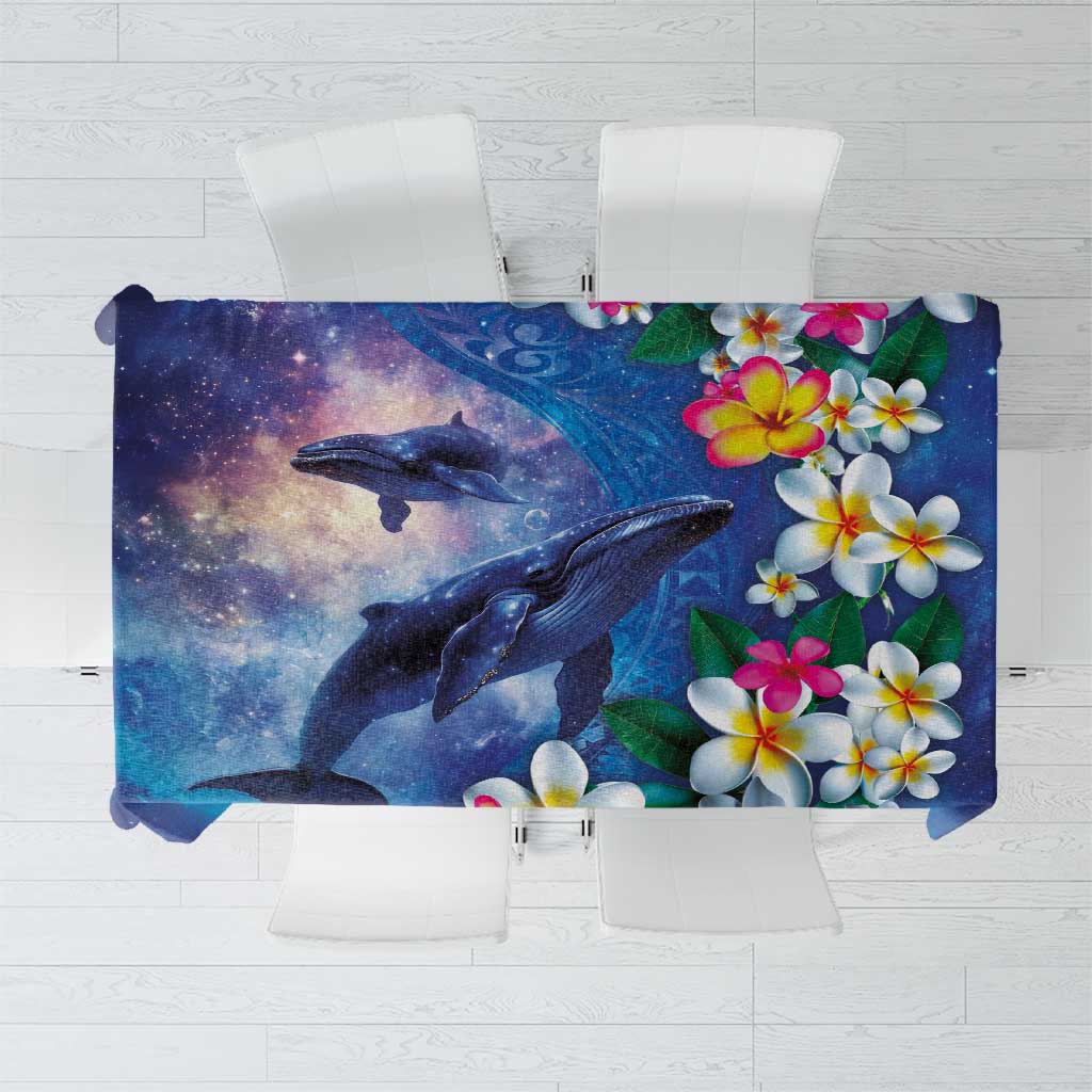 Hawaiian Lei Day Plumeria Humpback Whales Tablecloth Polynesian Art Vibrant Starry Nebula Style