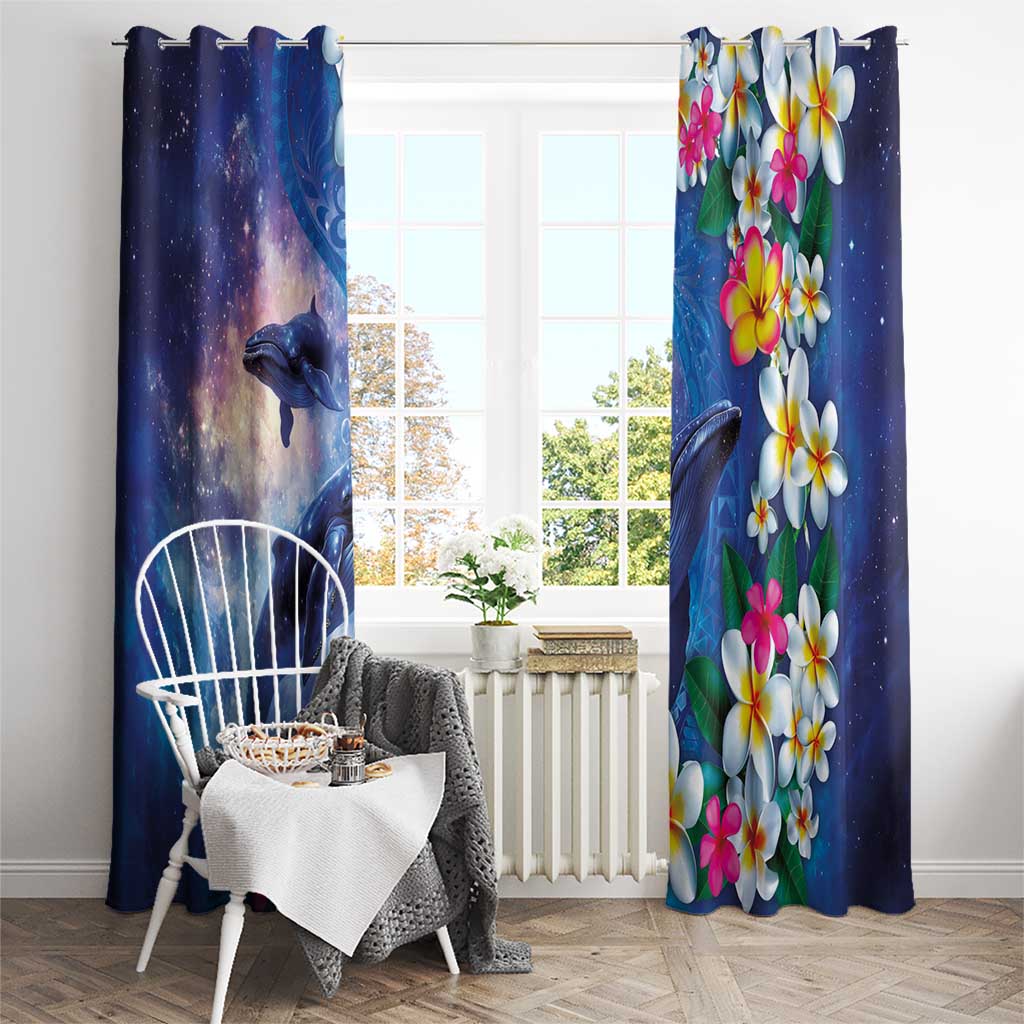 Hawaiian Lei Day Plumeria Humpback Whales Window Curtain Polynesian Art Vibrant Starry Nebula Style
