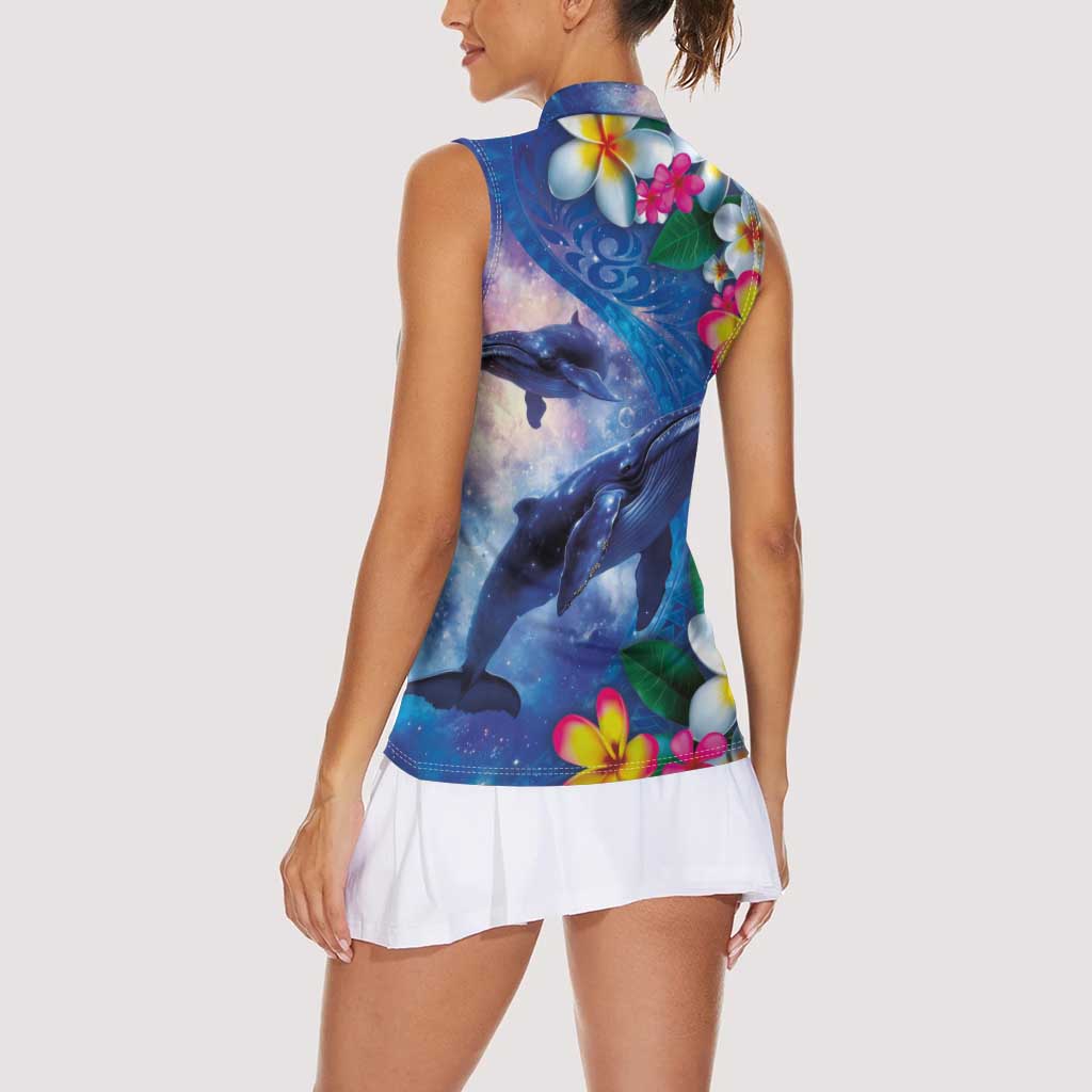 Hawaiian Lei Day Plumeria Humpback Whales Women Sleeveless Polo Shirt Polynesian Art Vibrant Starry Nebula Style