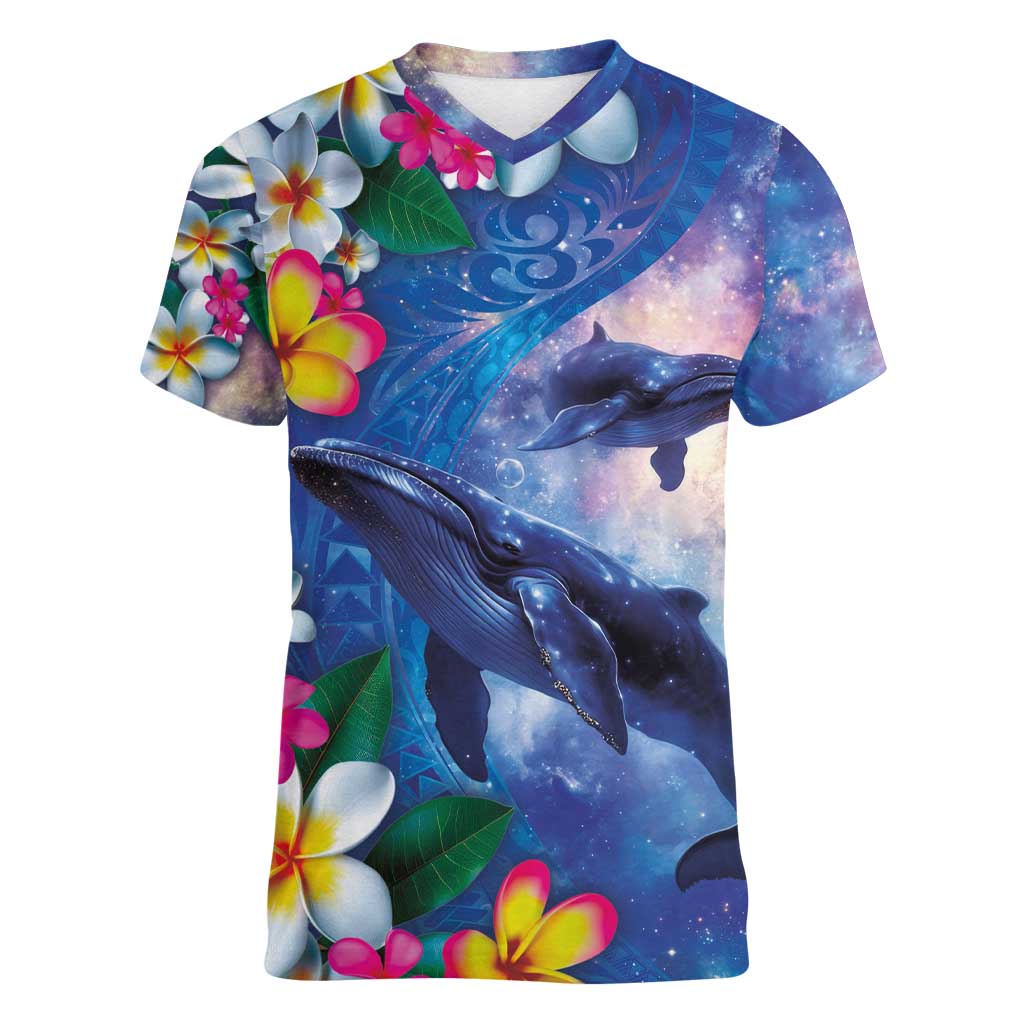 Hawaiian Lei Day Plumeria Humpback Whales Women V-Neck T-Shirt Polynesian Art Vibrant Starry Nebula Style