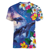 Hawaiian Lei Day Plumeria Humpback Whales Women V-Neck T-Shirt Polynesian Art Vibrant Starry Nebula Style