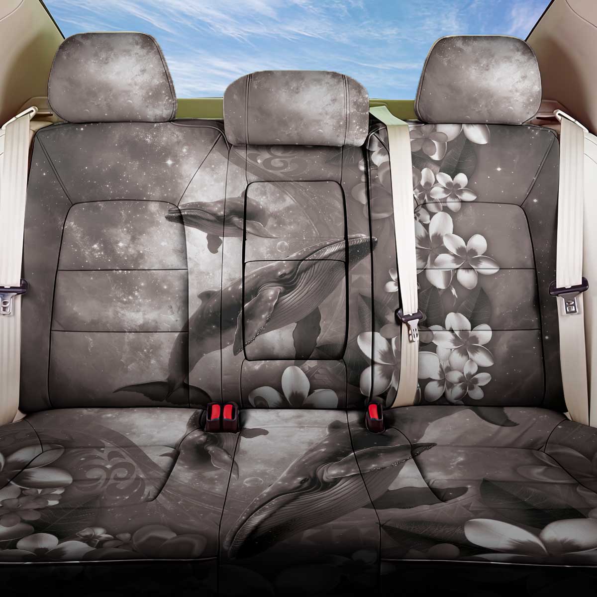 Hawaiian Lei Day Plumeria Humpback Whales Back Car Seat Cover Polynesian Art Vibrant Starry Nebula Grayscale Style