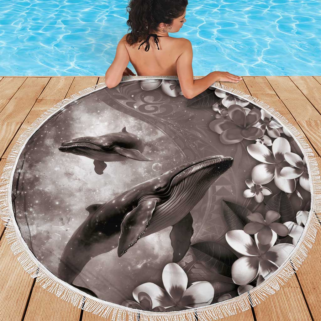 Hawaiian Lei Day Plumeria Humpback Whales Beach Blanket Polynesian Art Vibrant Starry Nebula Grayscale Style