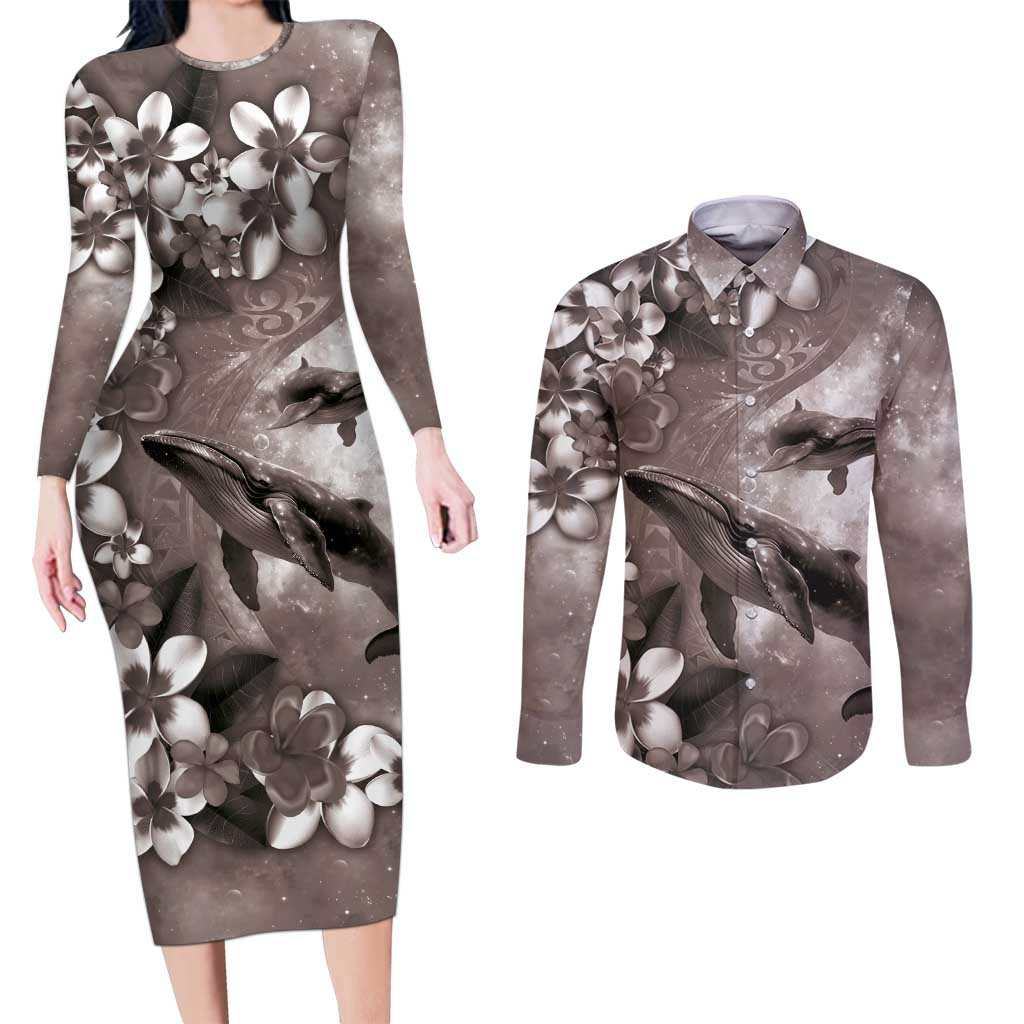 Hawaiian Lei Day Plumeria Humpback Whales Couples Matching Long Sleeve Bodycon Dress and Long Sleeve Button Shirt Polynesian Art Vibrant Starry Nebula Grayscale Style