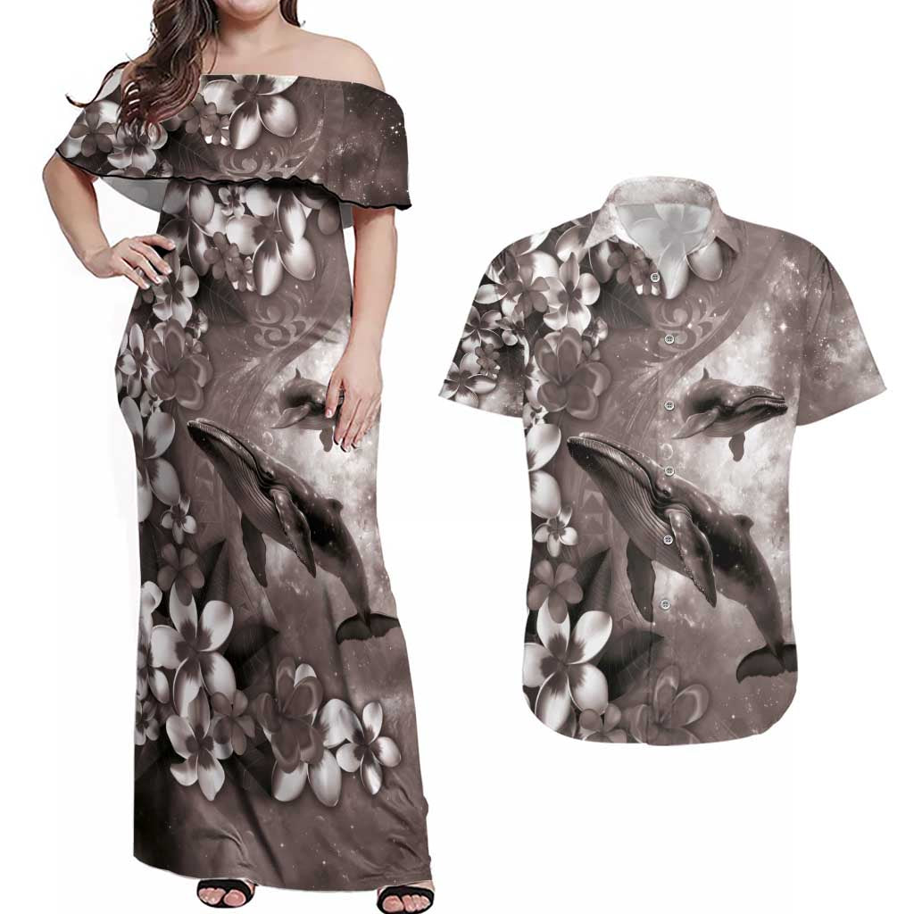 Hawaiian Lei Day Plumeria Humpback Whales Couples Matching Off Shoulder Maxi Dress and Hawaiian Shirt Polynesian Art Vibrant Starry Nebula Grayscale Style