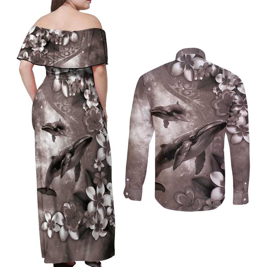 Hawaiian Lei Day Plumeria Humpback Whales Couples Matching Off Shoulder Maxi Dress and Long Sleeve Button Shirt Polynesian Art Vibrant Starry Nebula Grayscale Style