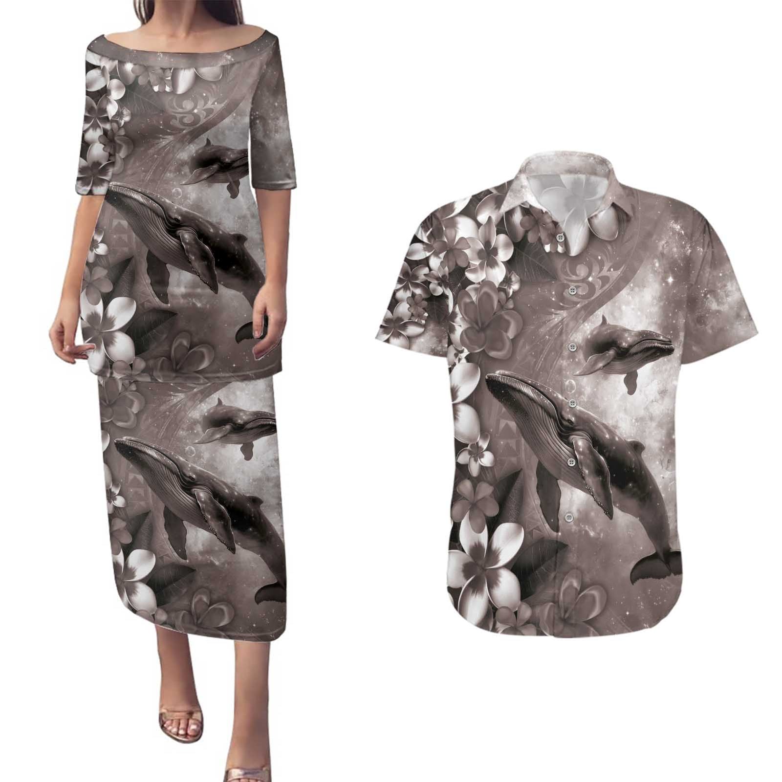 Hawaiian Lei Day Plumeria Humpback Whales Couples Matching Puletasi and Hawaiian Shirt Polynesian Art Vibrant Starry Nebula Grayscale Style