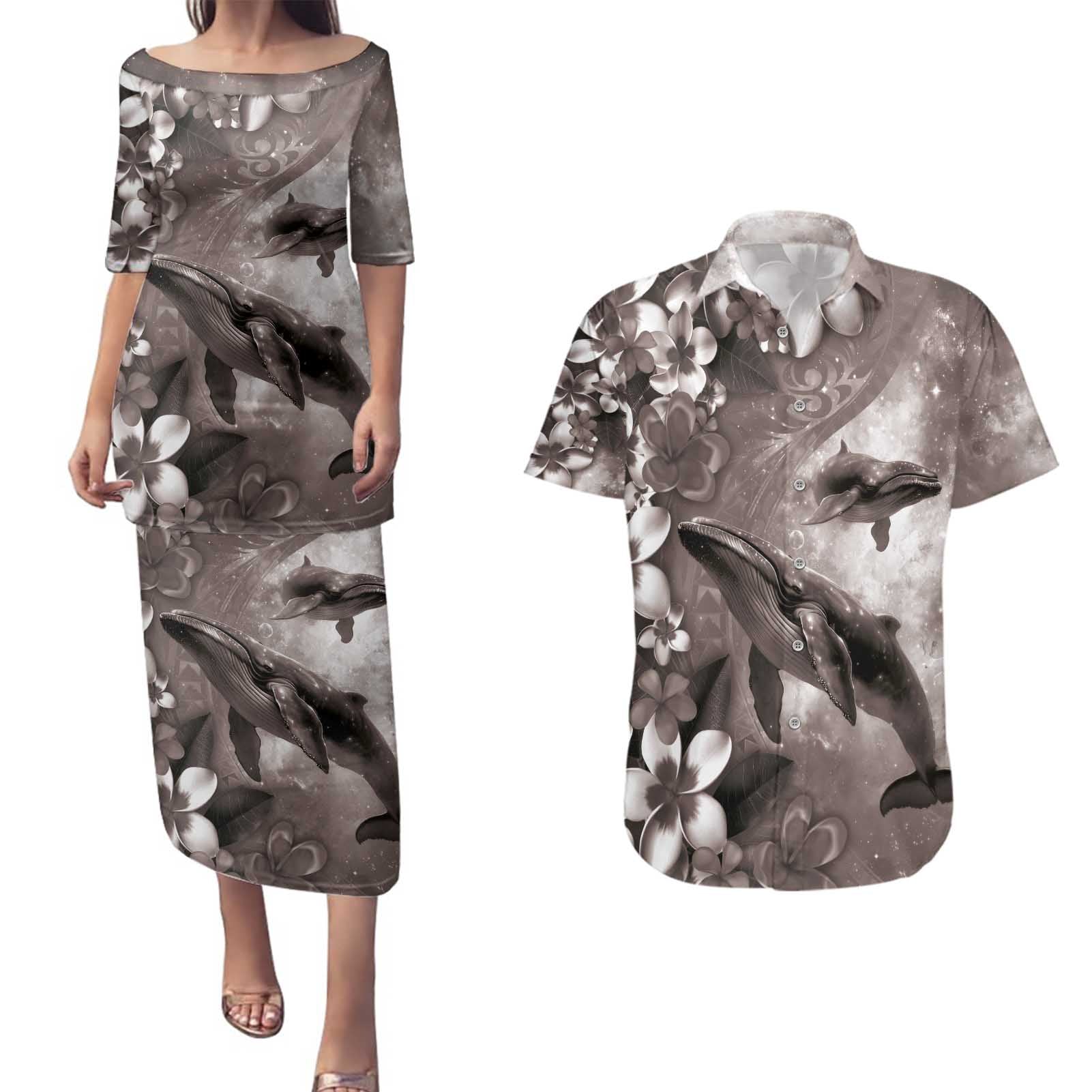 Hawaiian Lei Day Plumeria Humpback Whales Couples Matching Puletasi and Hawaiian Shirt Polynesian Art Vibrant Starry Nebula Grayscale Style