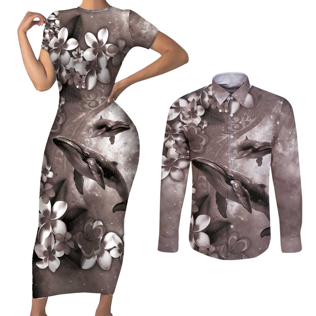 Hawaiian Lei Day Plumeria Humpback Whales Couples Matching Short Sleeve Bodycon Dress and Long Sleeve Button Shirt Polynesian Art Vibrant Starry Nebula Grayscale Style