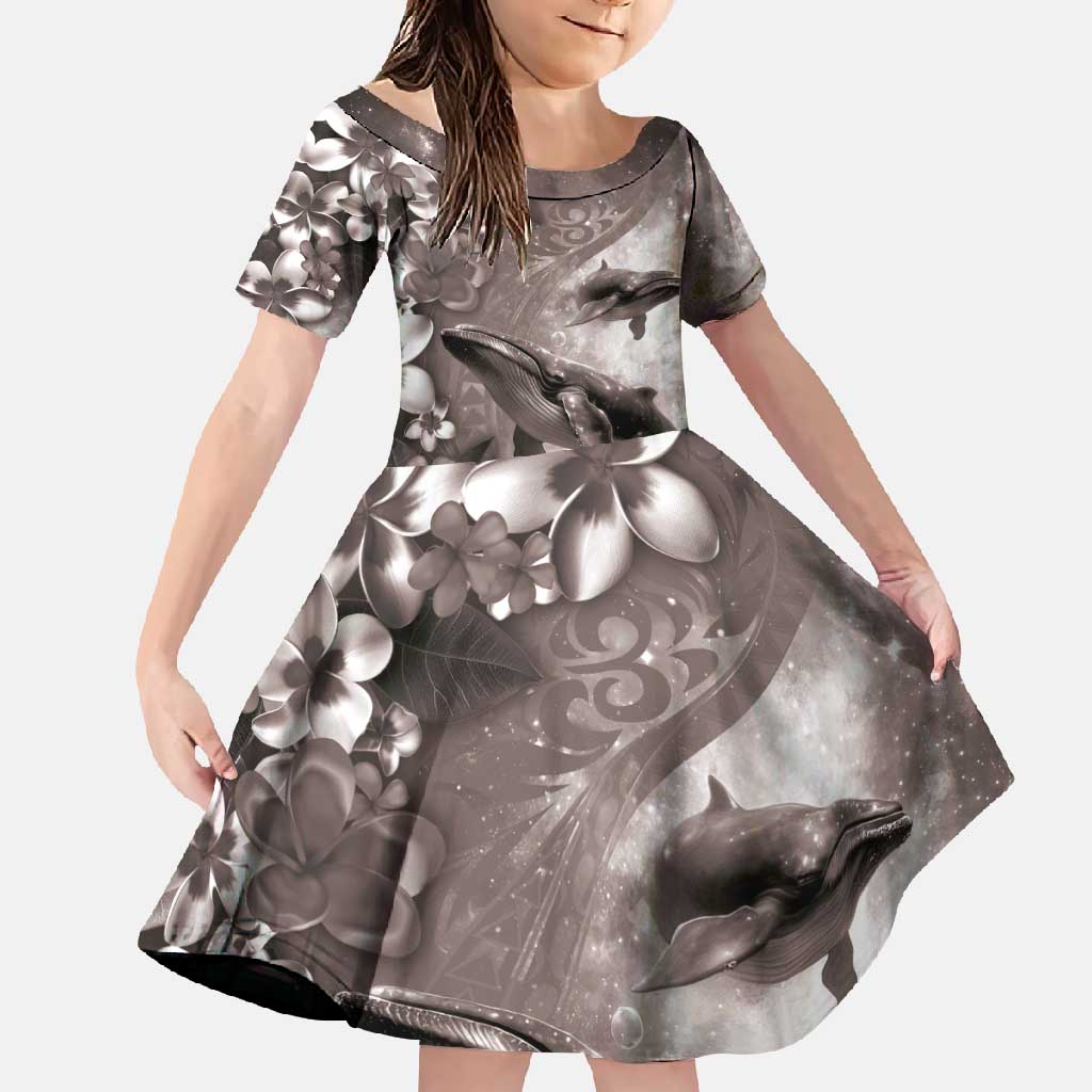 Hawaiian Lei Day Plumeria Humpback Whales Family Matching Long Sleeve Bodycon Dress and Hawaiian Shirt Polynesian Art Vibrant Starry Nebula Grayscale Style