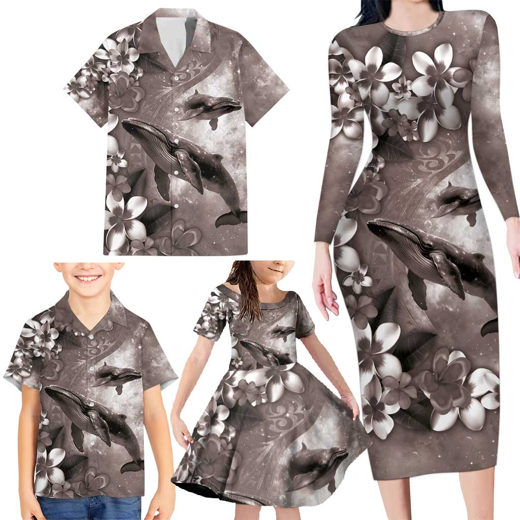 Hawaiian Lei Day Plumeria Humpback Whales Family Matching Long Sleeve Bodycon Dress and Hawaiian Shirt Polynesian Art Vibrant Starry Nebula Grayscale Style