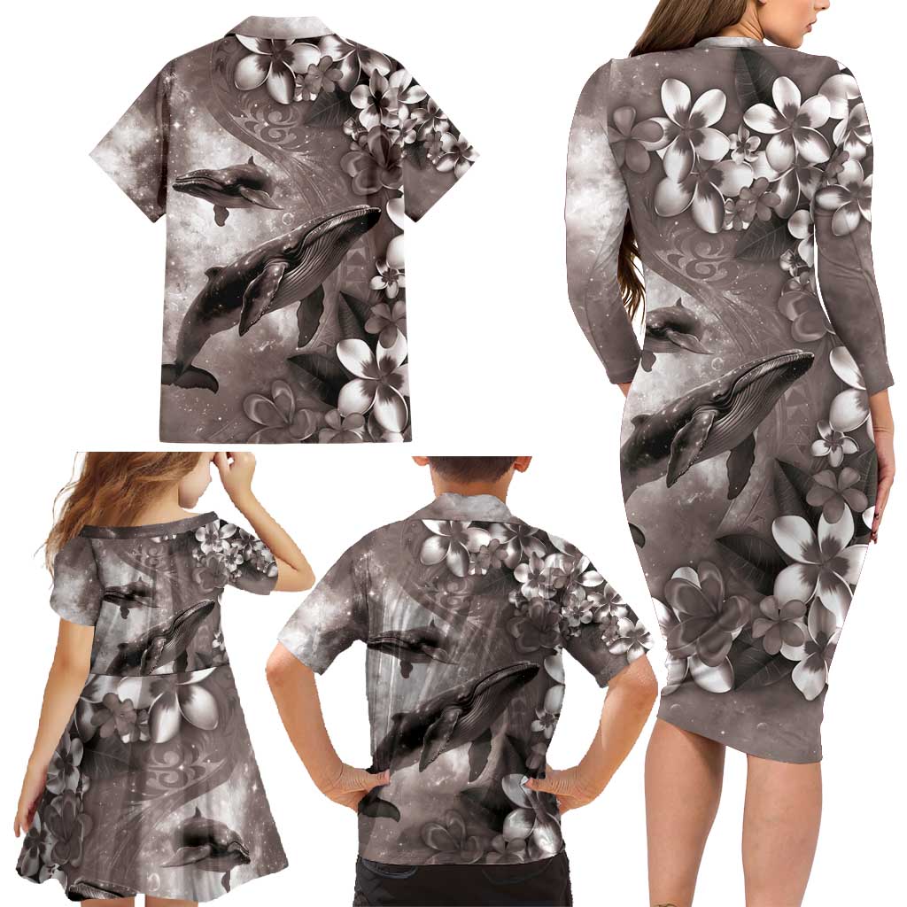 Hawaiian Lei Day Plumeria Humpback Whales Family Matching Long Sleeve Bodycon Dress and Hawaiian Shirt Polynesian Art Vibrant Starry Nebula Grayscale Style