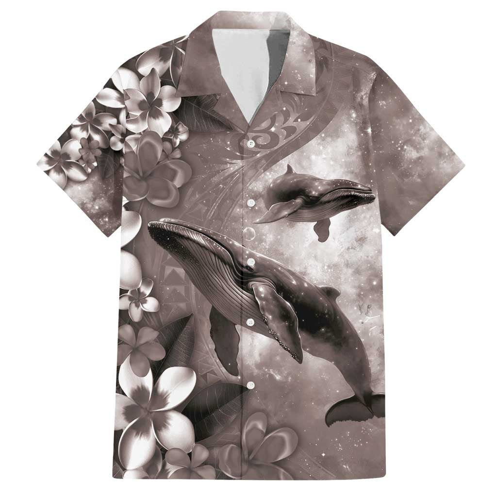 Hawaiian Lei Day Plumeria Humpback Whales Family Matching Long Sleeve Bodycon Dress and Hawaiian Shirt Polynesian Art Vibrant Starry Nebula Grayscale Style