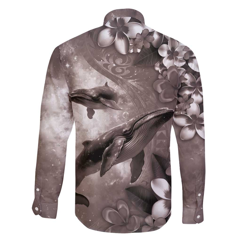 Hawaiian Lei Day Plumeria Humpback Whales Family Matching Long Sleeve Bodycon Dress and Hawaiian Shirt Polynesian Art Vibrant Starry Nebula Grayscale Style
