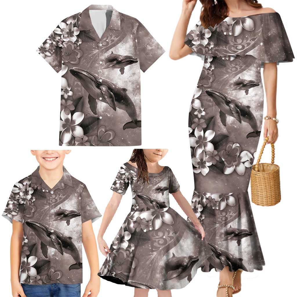 Hawaiian Lei Day Plumeria Humpback Whales Family Matching Mermaid Dress and Hawaiian Shirt Polynesian Art Vibrant Starry Nebula Grayscale Style